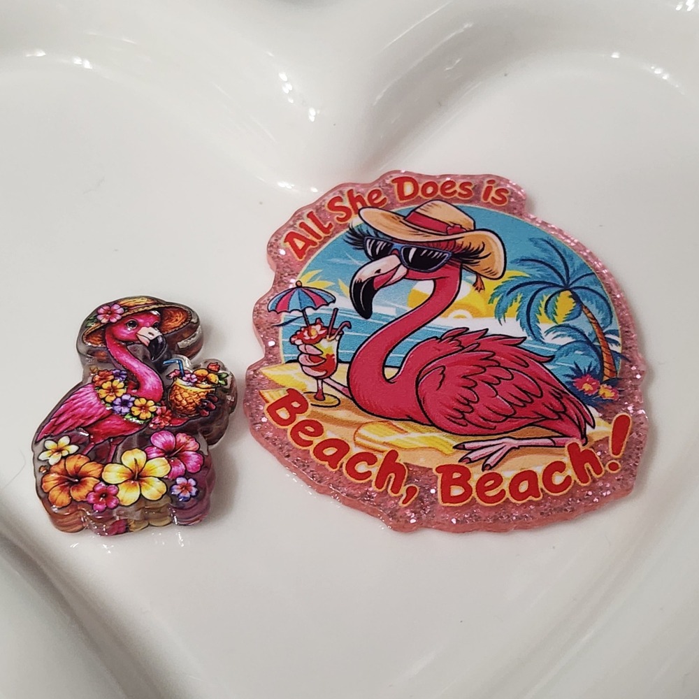Flamingo Beach Flatback Focal Bead Badge Keychain Flats Acrylic Beaded Pen